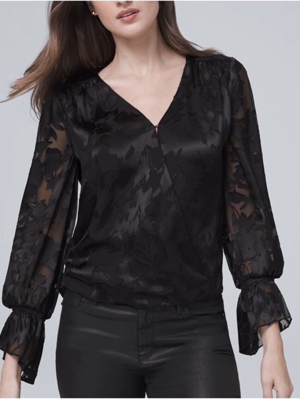 Black Burnout Floral Blouse Size 14 Sheer Long Sleeve .White House Black Market
